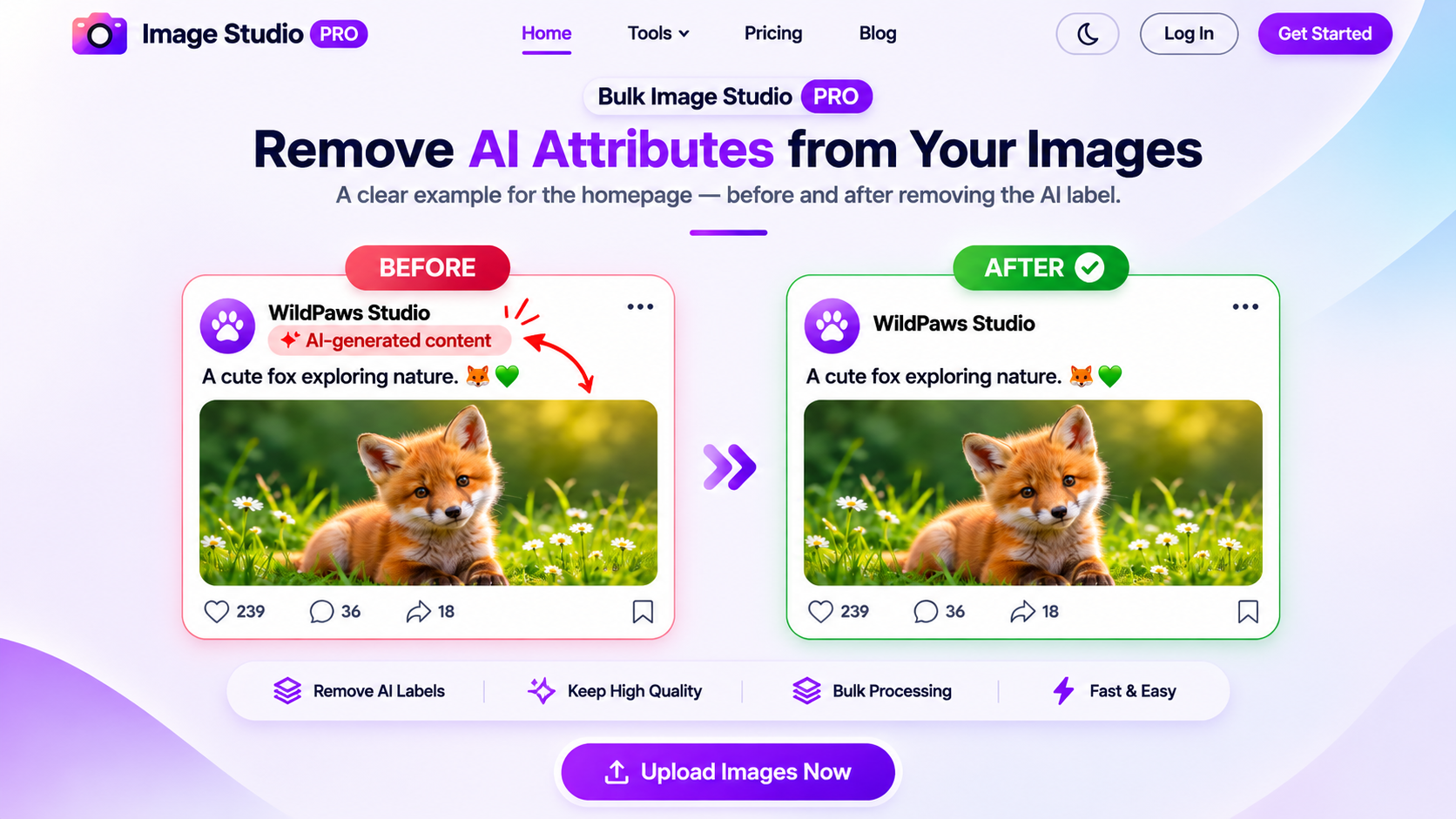 Illustrative before and after social-media mockup featuring a fox and an AI label